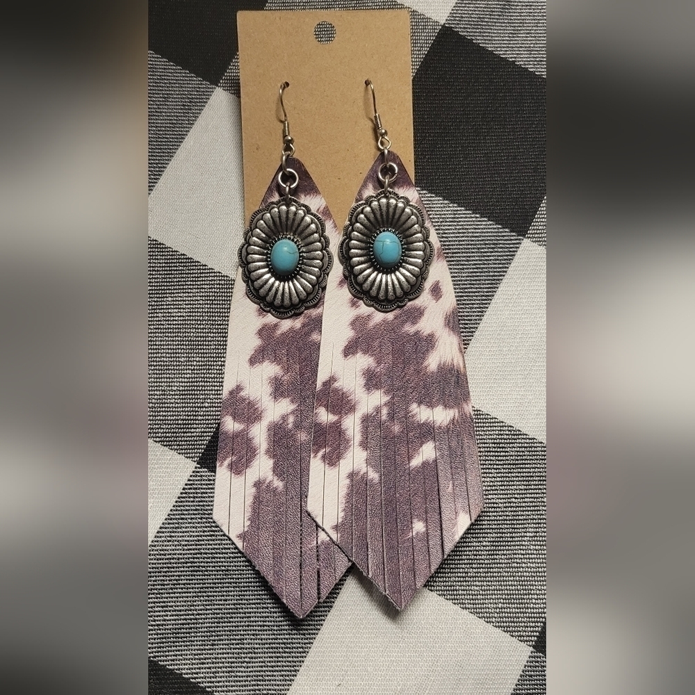 NWOT long cowprint and Concho brown and turquoise earrings